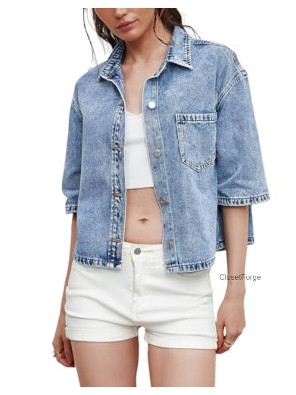 Women Denim Button Down Short Sleeve Shirt Casual Jean Top Shacket